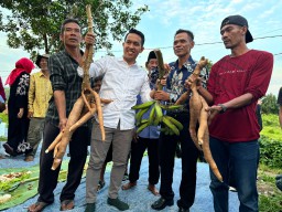 Calon Walikota Bogor, Sendi Fardiansyah ( kedua dari kiri) saat diberi hadiah hasil tani oleh warga Kertamaya, Kota Bogor. ( Jabar Memanggil/ IST)