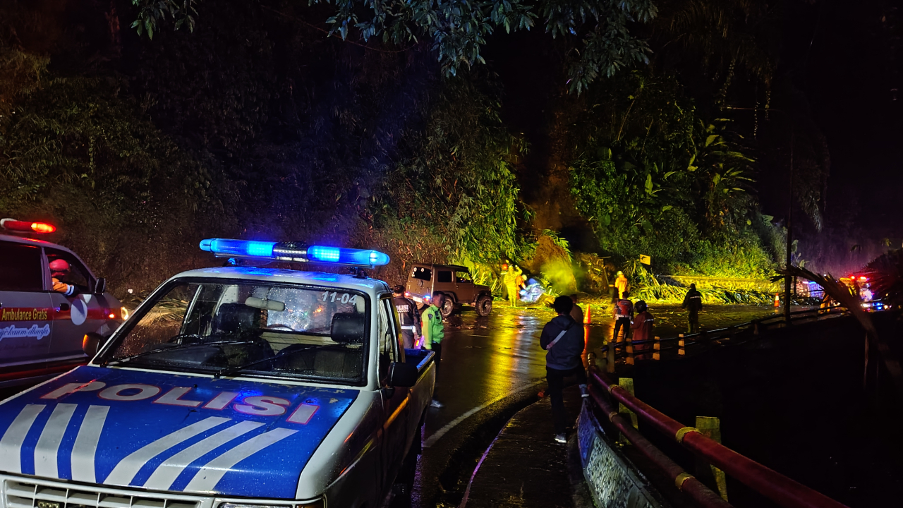 Pohon Aren Tumbang Akibat Hujan Deras Timpa Pengendara Motor di Cadas Pangeran